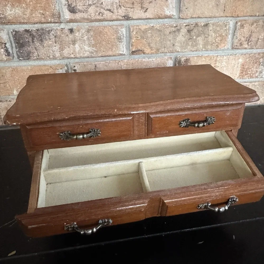 Vintage Wooden Lined Jewelry Box / Chest Drawers Cottagecore Mid Century Style